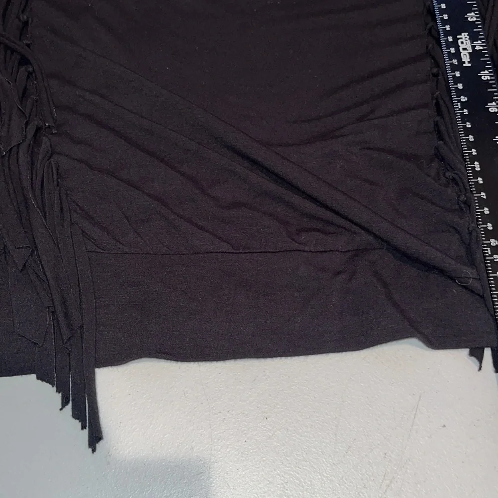 Micheal Kors size large black 3/4 sleeve fringe top ,draped neckline  banded hem